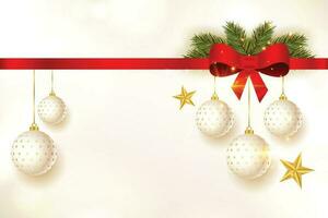 Merry Christmas and Happy New Year. Background hanging gold and white balls with ribbon and bow. Xmas greeting card with decorative bauble vector