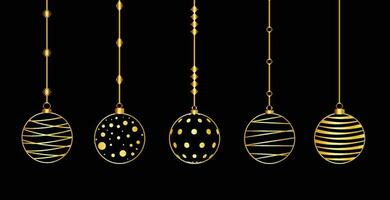 Christmas luxury holiday banner with gold handwritten Merry Christmas and Happy New Year greetings and gold colored Christmas balls. Vector illustration isolated on black background