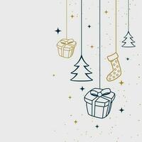 línea continua colgando árbol de navidad, caja de regalo, estrella, amor, gorro navideño y calcetín. Feliz Navidad y feliz año nuevo tema aislado sobre fondo blanco. diseño minimalista de arte lineal dibujado a mano vector