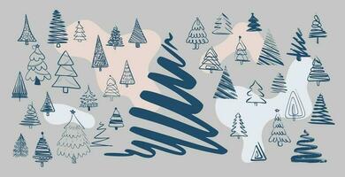 Christmas trees hand drawn brush painted ink set. Doodle trees for holiday designs. vector