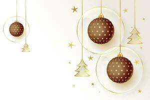 alegre Navidad y contento nuevo año. antecedentes colgando oro y blanco pelotas con cinta y arco. Navidad saludo tarjeta con decorativo chuchería vector