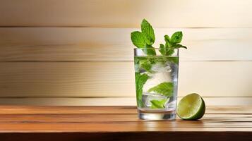 Food photography of mojito on wooden table. Generative AI photo