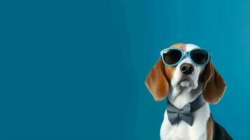 foto de arrogante beagle utilizando Gafas de sol y oficina traje en blanco antecedentes. generativo ai