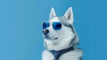 Photo of haughty siberian husky using glasses  and office suit on white background. Generative AI