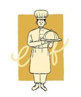 vector line drawn man chef full costume standing with food