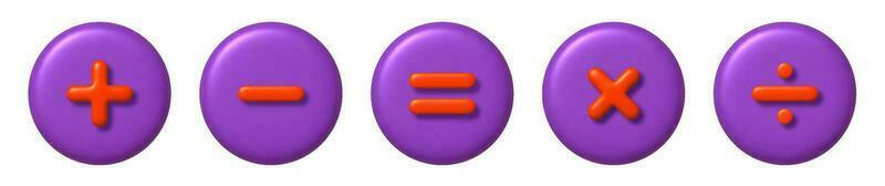 Math 3D icons set. Orange arithmetic plus, minus, equals, multiply and divide signs on purple buttons. vector illustration.