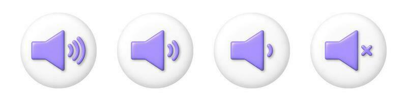 Set of purple sound icons with different signal levels on white buttons. 3d cartoon vector illustration.