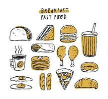 vector line drawn breakfast fast food, junk food, high calories, delicious