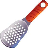 Metal kitchen hand grater with wooden handle. Cooking utensil, kitchenware. Cartoon vector illustration for food apps, websites and menues