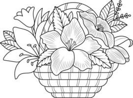 Vector outline illustration for antistress coloring book. A Vase with flower bouquet.