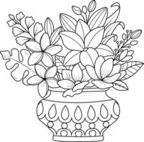 Vector outline illustration for antistress coloring book. A Vase with flower bouquet.
