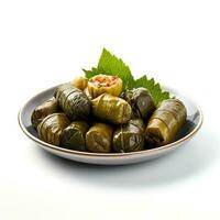 Photo of dolma on plate isolated on white background. Created by Generative AI