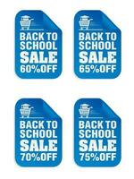 Back to school sale 60, 65, 70, 75 off discount blue stickers set vector