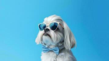 foto de arrogante lhasa apso perro utilizando Gafas de sol y oficina traje en blanco antecedentes. generativo ai
