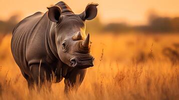 Photo of Rhinoceros on savanna at sunset. Generative AI