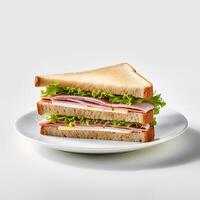 Food photography of sandwich on plate isolated on white background. Generative AI photo