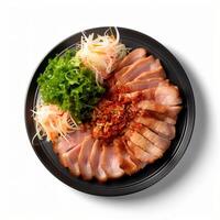 Food photography of Samgyeopsal on plate isolated on white background. photo