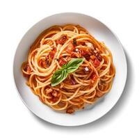 Food photography of Spaghetti on plate isolated on white background. Generative AI photo