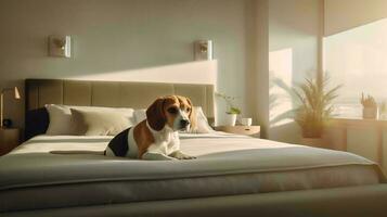 beagle dog lying on bed in hotel with contemporary interior design. Generative AI photo