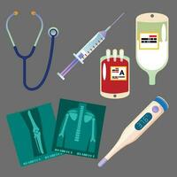 Set of medical icons. Stethoscope,  syringe,  thermometer, saline bag, Vector illustration in flat style. Medical equipment.