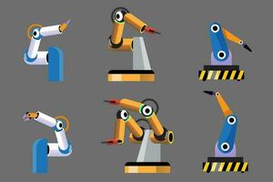 6 Robotic arm flat style design vector illustration icons signs set collection isolated. Robot arm or hand. Industrial robot manipulator.