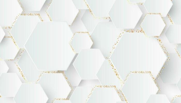 Seamless hexagonal White with Neumorphism Elements and Gold Glitter