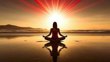 mujer meditar, yoga. psíquico mujer considera mente y corazón. espiritualidad, esoterismo, con bokeh desenfocado luces. universo, generativo ai ilustración foto