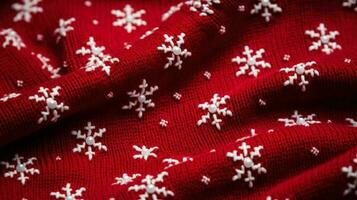 Knitted sweater fabric with snowflakes and holiday bells photo