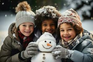 Group of kids building a snowman in the backyard all in cozy sweaters photo