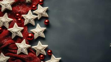 Cozy sweater texture with holiday-themed ornaments and stars photo