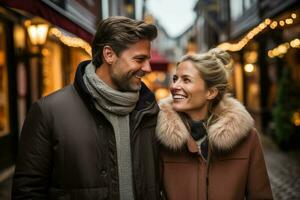 Couple taking a leisurely stroll through a snowy village both in cozy sweaters photo