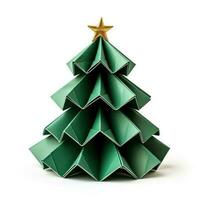 Handcrafted Christmas tree origami ornament isolated on white background photo