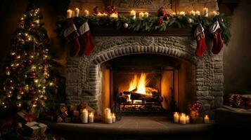 Cozy fireplace with stockings and holly photo