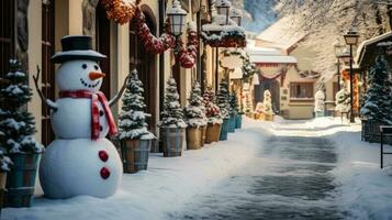 Cheerful street with decorated houses and snowmen photo