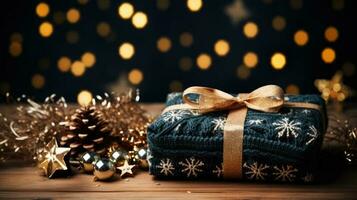 Knitted sweater background adorned with Christmas decorations photo