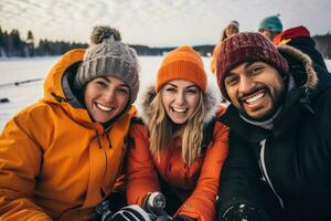 Group of friends ice fishing on a frozen lake all in cozy sweaters photo