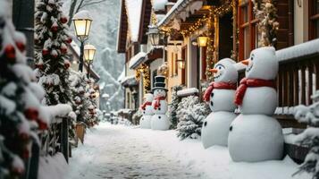 Cheerful street with decorated houses and snowmen photo