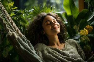 Woman relaxing on a hammock in a garden in a cozy sweater photo