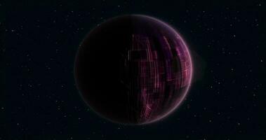 resumen realista planeta púrpura de alta tecnología luminoso redondo esfera en espacio en contra el antecedentes de estrellas foto