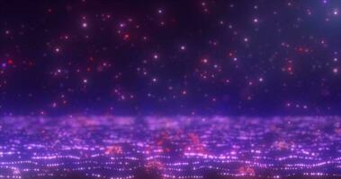 Abstract background of purple glowing falling particles and moving magical energy waves photo