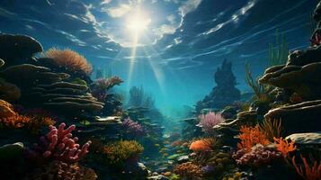 Underwater world with fish and corals. Underwater view of mari fishes and plants. AI generated photo