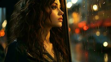 A beautiful pensive woman looks out the window at night during the rain and drops flow down the glass. Face of a sad girl close-up. AI generated photo