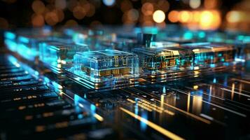 Computer futuristic high tech circuit board with microcircuits and electronic chips with transistors and resistors. AI generated photo