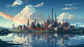 Industrial oil refinery petrochemical chemical plant with equipment and tall pipes. AI generated photo