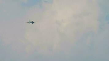 SOCHI, RUSSIA JULY 28, 2022 - Aircraft of Aeroflot approaching landing, long shot front view. Airplane flight, arrival. Tourism and travel concept video