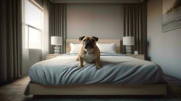 buldog perro acostado en cama en hotel con contemporáneo interior diseño. generativo ai foto