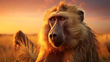 Photo of Baboon on savanna at sunset. Generative AI