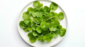 Photo of Watercress on plate isolated on white background