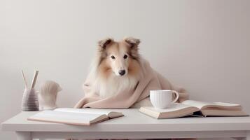 a rough collie dog in a sweater sits studying accompanied by a cup and piles of books photo