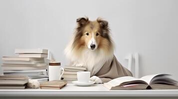 un áspero collie perro en un suéter se sienta estudiando acompañado por un taza y pila de algo de libros foto